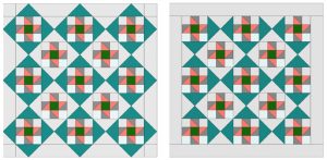 photo of an eq8 screen captures illustrating quilt layouts with and without out borders
