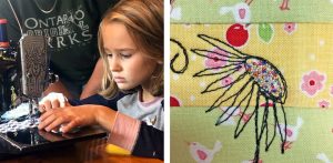photo of young quilter assembling a quilted postcard at a sewing machine and photo of a beaded flower centre on a quilted postcard