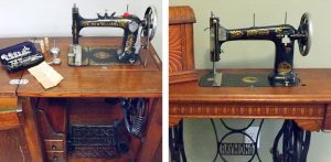 photo of an antique New Williams treadle sewing machine and a raymond high-arm treadle sewing machine