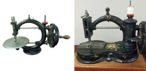photo of an antique hand-crank jc abbot® sewing machine and a hand-painted antique sewing machine