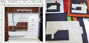 photo of a sewing machine uploaded into easydraw to create a quilt pattern and three examples of a stylized sewing machine quilt block
